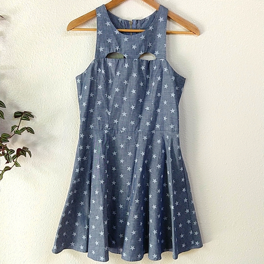 Nasty Gal Blue & White Stars Fit & Flare Cut-out Dress 4th of July  M